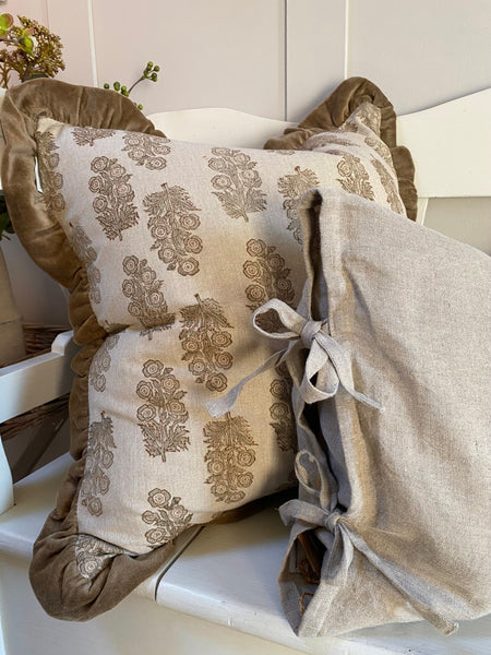 Blockprint Cushion - Taupe Flower